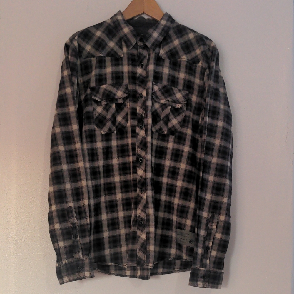 Silver Jean Shirt Button Up Long Sleeve Mens Medium Black Grey Plaid Cotton